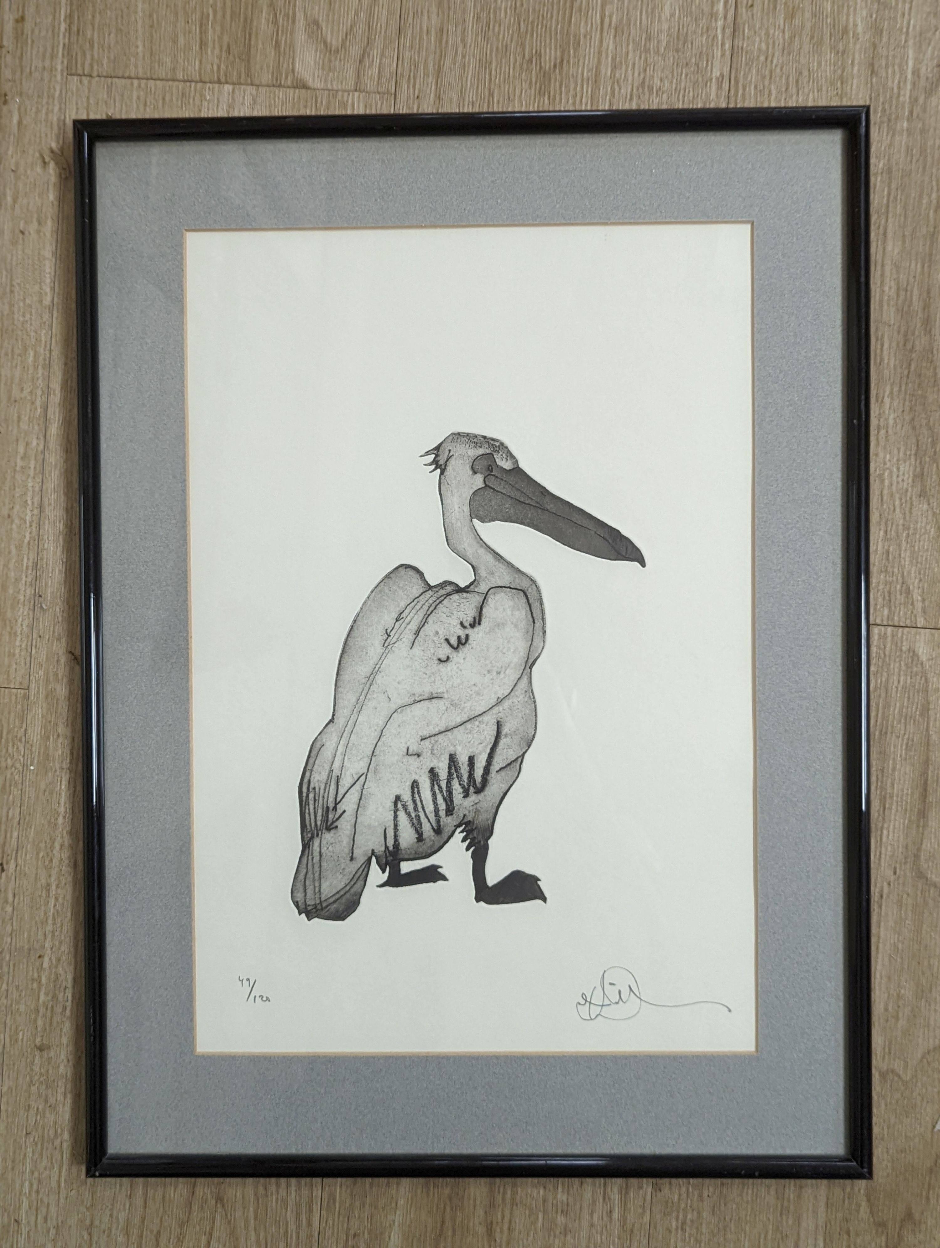 Modern British, limited edition print, Study of a pelican, signed, 49/120, 44 x 30cm